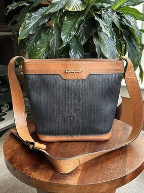 SALVATORE FERRAGAMO Two-Toned Bucket Bag, Black and British Tan